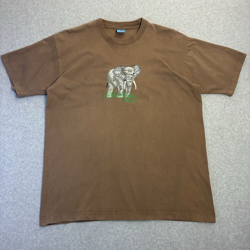 Men’s Size XXL Africa Elephant Embroidered T Shirt Brown Short Sleeve Cotton
